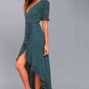 Lulus Mystified Forest Polka Dot HighLow WrapDress